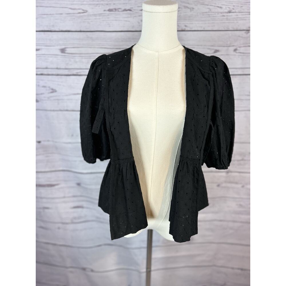 Steve Madden Paula Eyelet Tie Front Top Women XS Black Peplum Puff Sleeve NWT - Picture 6 of 8